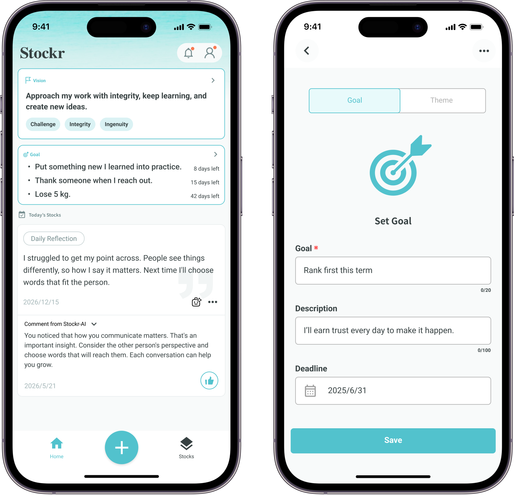 Home screen and goal-setting screen