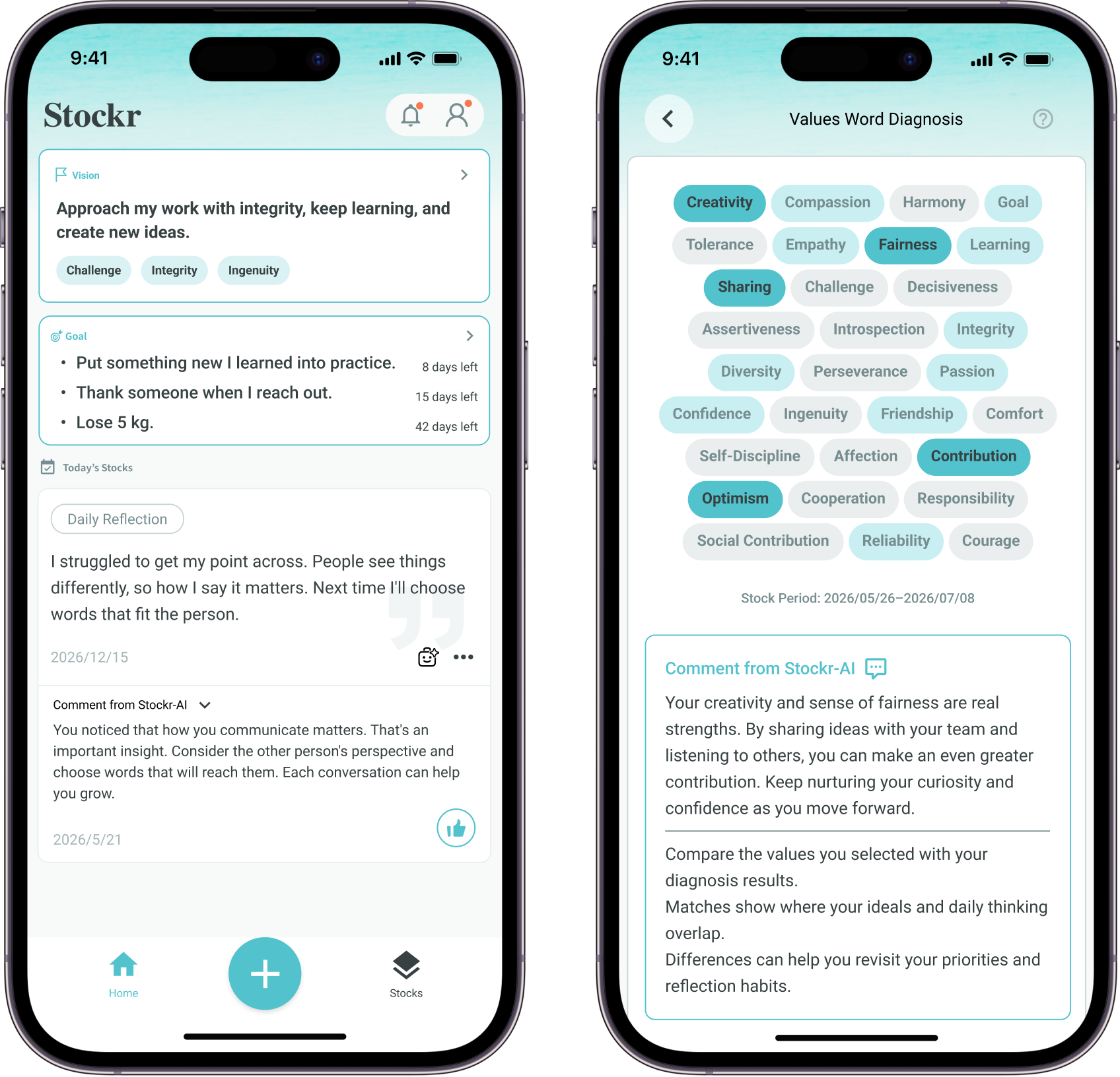 Stockr home screen and Values Word Diagnosis screen