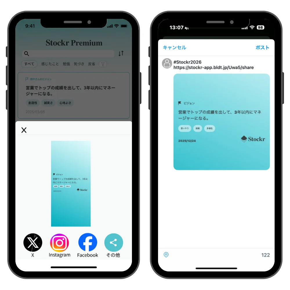 ビジョンシェア方法。好みのSNS投稿画面を開き、コメントやキャプションに「#Stockr2026」をつけて投稿